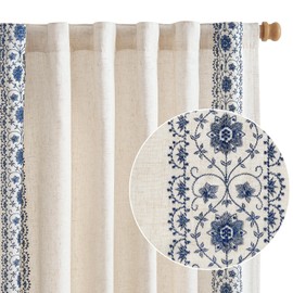 jinchan Boho Lined Linen Curtains for Bedroom Blue Vintage Floral Farmhouse Curtains 63 Inch Length Linen Blend Drapes for Living Room Embroidered Drapes Rod Pocket Blue on Beige 2 Panels