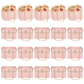 ASelected 20PCS Bouquet Purse Gift Bags, Pink Paper Flower Gift Bag with Metal Chain, Gift Craft Wrap Bag Flower Boxes for Bouquets, Wedding Birthday