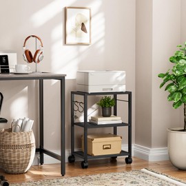 MAHANCRIS Printer Stand, 3-Tier Under Desk Printer Cart with Storage Shelf, Heavy Duty Printer Table with Wheels for Home and Office, Printer Shelf with 2 Hooks, Small Spaces, Black PTHB4001V