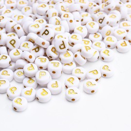 Siomia 100Pcs Letter Beads 4x7mm White Round Acrylic Gold Alphabet Beads Letter P Beads for Jewelry Making DIY Bracelets Necklaces Key Chains