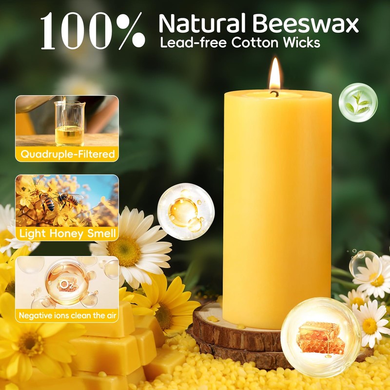 Natural Beeswax Pillar Candles,100% Pure Beeswax Candles-190 Hours Long Burning,Unscented