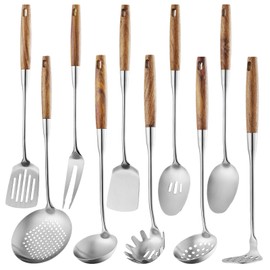 Lazycorner 304 Wooden Handle Stainlss Steel Kitchen Utensils Set 10 Pcs Cooking Utensils Set Heat Resistant Wooden Handle Kitchen Tools, Stainless Steel Wok Spatula
