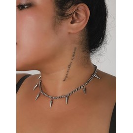 Hanary Silver-tone Chunky Chain Spike Necklace, Grunge Punk Necklace, Gothic Goth Emo Jewelry, Christmas New Year Jewelry Gift For Women