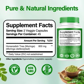 Moringa Capsules | 800mg Pure Moringa Powder Capsules – Supports Energy, Skin & Gut Health, Immune System – Green Superfood with Vitamins & Amino Acids (90 Caps)