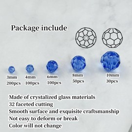 Honkoolly 480pcs Crystal Glass Beads 3mm 4mm 6mm 8mm 10mm Round Faceted Glass Beads Crystal Glass Spacer Beads for Bracelets Necklace Earring DIY Jewelry Making Craft(Light Blue)