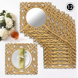MAONAME 12" Gold Charger Plates Set of 12, Mirror Charger for Dinner Plates, Plastic Plate Chargers with Embossed Rims, Square Chargers for Table Setting, Wedding
