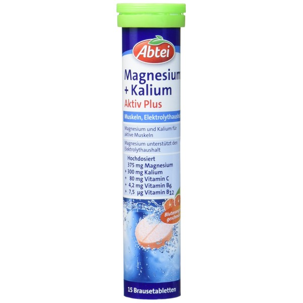 Abtei Magnesium + Kalium Aktiv Plus - Nahrungsergänzung für die Muskeln und den Elektrolythaushalt - hochdosiert - Blutorange-Geschmack - 1 x 15 Brausetabletten