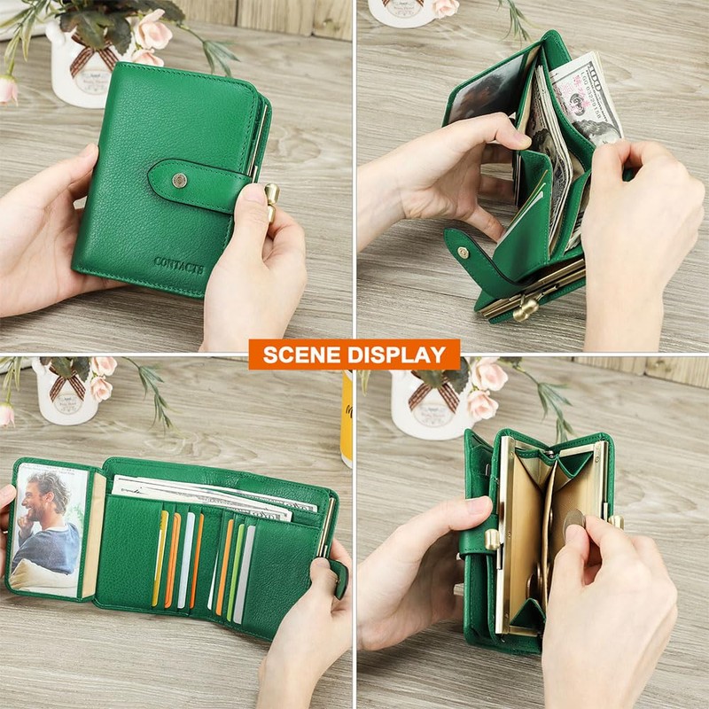 Full Grain Leather Kiss Lock Wallet for Women Contact's Small