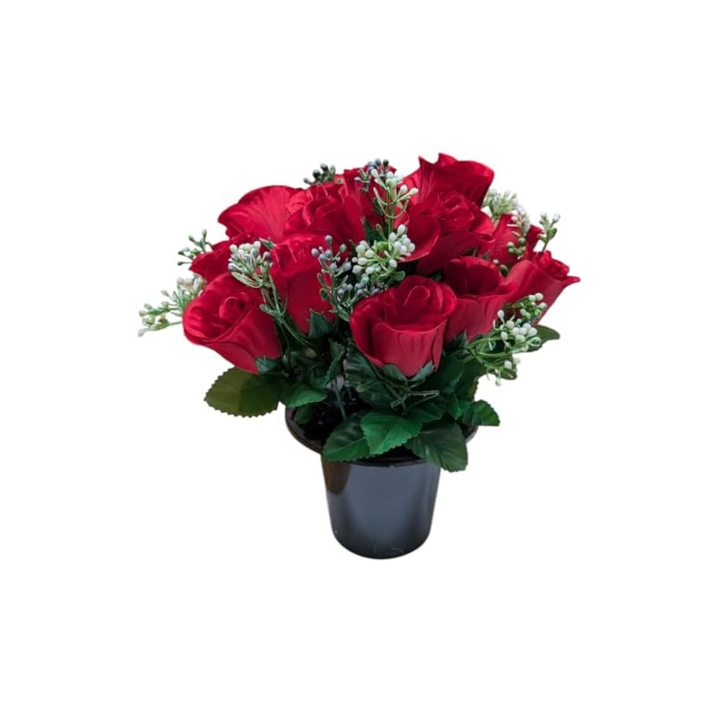 INERRA Cemetery Grave Flower Pot with Artificial Red Rosebud Roses
