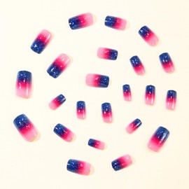 Square Press on Nails Short Fake Nails with Designs Starry Sky Stick on Nail Pink Gradient Acrylic False Nail Glitter Artificial Nail Full Cover Glue on Nails for Women