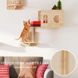 Homiflex Cat Wall Shelves, Cat Wall Furniture Pine Wooden Feline Shelf, 16 Piece Shelves and Perches with Bowl, Warmer Mat, Condos, House, Steps and Cat Scratcher