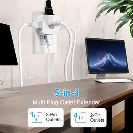 Multi Plug Outlet Extender, FiiMan 5 Outlet Splitter Wall Adapter, 3-Prong Grounded Outlet to The Side, Flat Wall Plug Side Access Adapter, 5 Way Outlet Extender Tap, White (2 Pack)