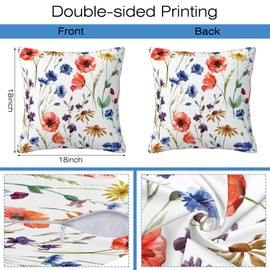 Naqiuli Wildflowers Throw Pillow Covers Set of 2 Watercolor Poppy Pillow Covers 18x18 Inch Modern Farmhouse Home Decorative Pillow Cases Cushion Cover for Sofa Living Room Office