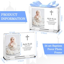 Vercraft 24 Set Baptism Picture Frame 3.5 x 5 Acrylic Baby Shower Baptism Favor Christening Gifts for Boy Girl with Plastic Crystal Boxes and Satin Ribbon Bows for Religious First Communion(Silver)