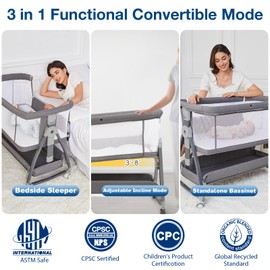 Jixrolyn 3 in 1 Baby Bassinet Bedside Sleeper, Height Adjustable Bedside Bassinet for Newborn and Infant with Mattress, Storage Basket, and Wheels (Grey)