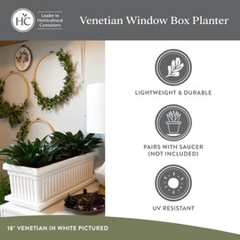 The HC Companies 18 Inch Venetian Rectangular Window Planter Box - Lightweight Plastic Indoor Outdoor Plant Pot with Drainage for Windowsill, Herbs, Flowers, White (Pack of 2)