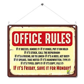 MP056 OFFICE RULES LAZY Funny Novelty Retro Vintage Metal Wall Sign Plaque 20cm x 15cm | Vintage Tin Plaque, Gag Gift for Coworker Colleague Boss | Wall Art | Sarcastic Work & Home Office Decor