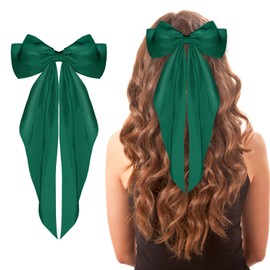 WLLHYF Big Bow Barrettes Long Tail French Ribbon Hair Pins Soft Silky Satin Hair Clip Metal Bowknot Clips 90's Accessories for Party Valentine's Day Women Girl (Green)