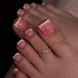 24Pcs Pink French Tip Press on Toenails Short Square Fake Toe Nails with 3D Flower Designs Summer Glue on Toenails Nude Pink Reusable False Toe Nails for Women Girls Manicure Kit