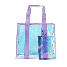 2 Pcs Beach Tote Bag Set, Waterproof Iridescent Bags Large Capacity Foldable Lightweight Beach Bag with Phone Pouch Transparent Design for Quick Security Check Perfect for Pool Gym Travel Concerts
