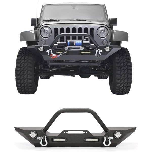 ECOTRIC Front Bumper Compatible with 2007-2022 Jeep Wrangler JK/JKU JL/JLU Gladiator JT With Winch Plate, LED Lights and D-rings