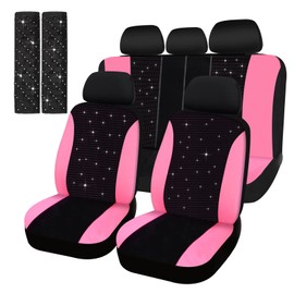 Hanaive Car Seat Cover Full Set Bling Women Velvet Auto Interior Covers Breathable Black Mesh Vehicle Seat Protector Universal Fit for Most of Sedan SUV Truck Minivan Airbag Compatible(Pink)