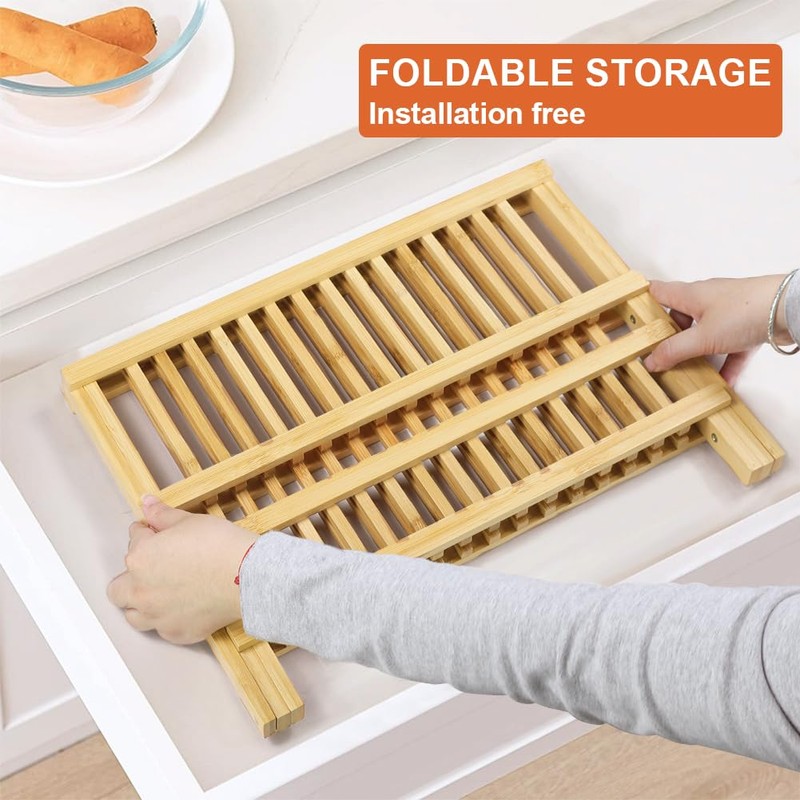 KKTONER Bamboo Dish Drying Rack 2 Tier Foldable Plate Organizer