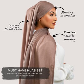 KHELANI Premium Modal HIjab Set – Lightweight & Soft | Luxury Hijab Wrap with Matching Tube Cap | Non-Slip Design Shawl, Hijab Head Scarf for Women with Undercap (170cm x 80cm) (Sahara Tan)