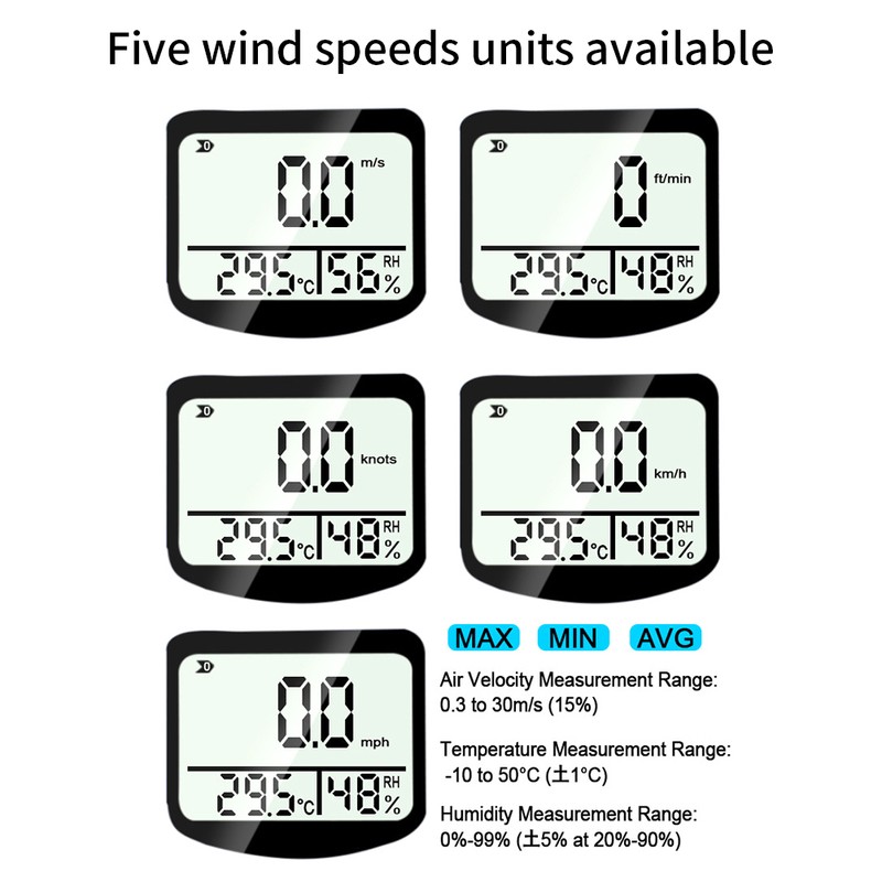 Handheld Anemometer Digital Wind Speed Meter Gauge 0.3~30m/s 14℉ to