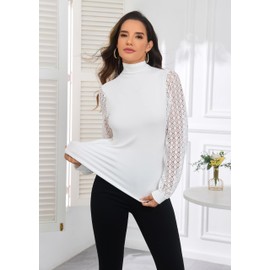 Womens Mock Turtleneck Lantern Puffy Eyelet Long Sleeve Fitted Layer Tee Shirts (L, White)