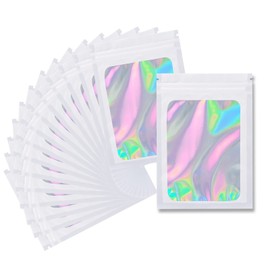 100 Pack Holographic Packaging Resealable Bags for Small Business -4 x 6 Inch Pouch Bags for Lipgloss Jewelry Cookies Sample - White