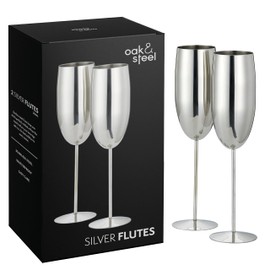 Oak & Steel - 2 Silver Champagne Flutes, 280ml - Stainless Steel Silver Prosecco Glasses with Gift Box