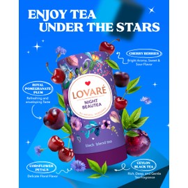 LOVARE Night Beautea Loose Leaf Tea 80 g - Made in Ukraine - Ceylon Black Tea, Cherry Berries, Cornflower Petals, Royal Pomegranate Plum Aroma - Tea Lovers Gift Box with 15 Paper Filters