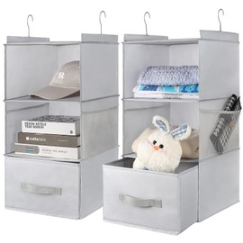 LayerSpace 2 Pack Hanging Closet Organizer 3-Shelf, Large Size Hanging Shelves for Closet with Divisible Drawer & Side Pocket, Linen, 12.2" D x 12.2" W x 27.9" H, Light Grey