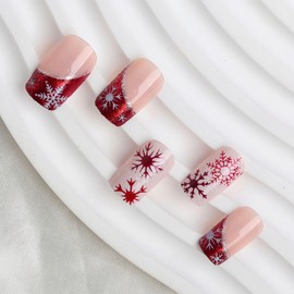 FULANSI Christmas Press on Nails Short Square Fake Nails with Red White Gradation Glitter Snowflake Designs Glossy Acrylic False Nails Full Cover Glue Stick on Nails for Women Xmas Decor 24 Pcs