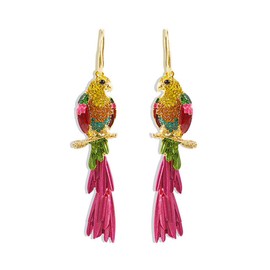Rhinestone Parrot Bird Dangle Earrings for Women Girls Gold Plated Colorful Crystal Pink Feather Statement Drop Fish Hook Dangling Stud Lightweight Boho Carnival Holiday Prom Party Jewelry Gifts Souvenirs