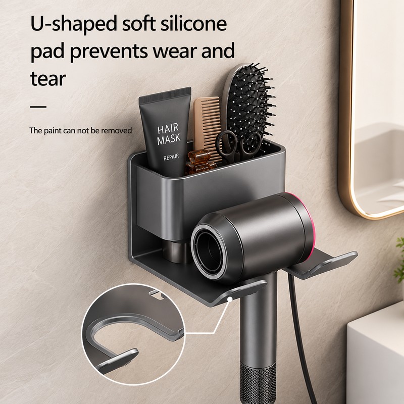 Wall-Mounted Hair Dryer Holder for Bathroom Organization – No-Drill Aluminum