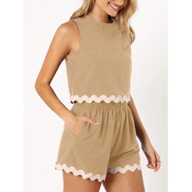 Tankaneo - Conjunto casual de 2 piezas para mujer, conjunto de camisetas sin mangas, pantalones cortos a juego, Caqui, Small