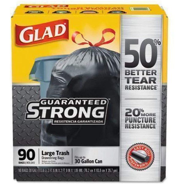 GLAD Drawstring Large Trash Bags, 30 X 33, 30gal, 1.05mil, Black, 90/carton