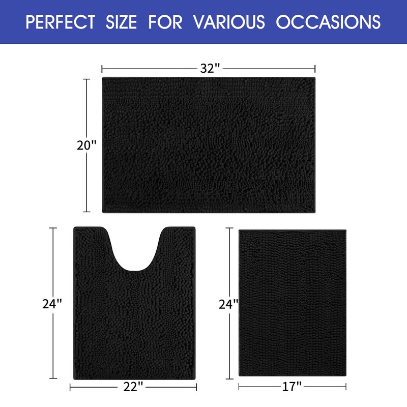 ACCUMTEK Striped Black Bathroom Rug Set 3 Pieces Ultra Soft,