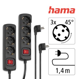 Hama Set of 2 3-Way Power Strip (2x Multiple Sockets with Switch for Power Saving, Slots Rotated 45 Degrees, Cable 1.4 m, GS Approved) Black