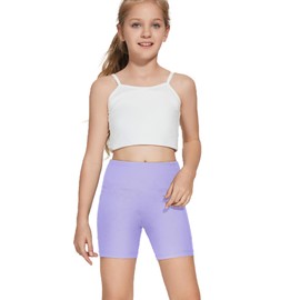 DEVOROPA - Pantalones cortos de licra para niñas, de 5 pulgadas, elásticos, atléticos, para gimnasia, para niños, yoga, danza, pantalones cortos de compresión con bolsillo, Púrpura claro, X-Small