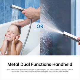 G-Promise All Metal 14 Inches Rain Shower Head with Handheld Built-in Power Wash Mode, 3-way Shower Diverter with Pause Setting, 11 Inches Adjustable Extension Arm, Long Hose (Chrome, 14 Inches)