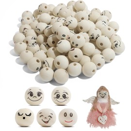 100 Stück Holzperlen mit Gesicht 20mm (5 Designs à 20 Stück) - Bemalte Holzkugeln mit Gesicht für Sorgenwürmchen & Glückswürmchen - Holzköpfe mit Gesicht zum Basteln