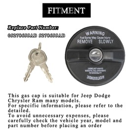 Xurkcinp Locking Gas Cap Fit for Jeep Dodge Chrysler Cherokee Challenger Charger Liberty Grand Cherokee Journey Ram 1500 2500 3500 Wrangler TJ LJ JK JKU JL JT Lock Fuel Tank Cap 05278655AB 5278655AB