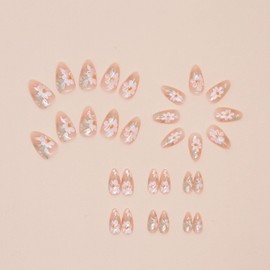 Short Press on Nails Almond Fake Nails with Flower Designs Acrylic Nails Press ons Glossy Glue on Nails Light Pink False Nails Spring Artificial Stick on Nails for Women 30 Pcs
