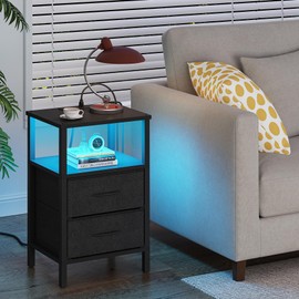 TUTOTAK LED End Table with Charging Station, Nightstand with Cloth Drawer, Side Table with Outletst, Set of 2, Couch Table, Black TB01BK068