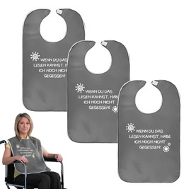 LANZLC Bibs for Adults, Pack of 3 Bibs for Adults, Reusable, Washable, Funny Bib for Seniors with Velcro Fastening, "Wenn du das lesen kannst, HABE ICH noch nicht GEGESSEN", gray, m