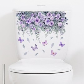 2PCS Waterproof Toilet Decals - Botanical Floral Design with Purple Roses and Butterflies, Self-Adhesive Removable Vinyl Stickers for Bathroom Decor, Rental Home Upgrade (3.5x3.5 Inch)