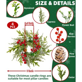 4 Pcs Christmas Candle Rings Wreath, 9 Inch Flocked Christmas Wreaths with Red Berry Pinecones Cypress Cedar Wreath Candle Ring Holder for Xmas Wedding Table Centerpiece Fireplace Window Wall Decor